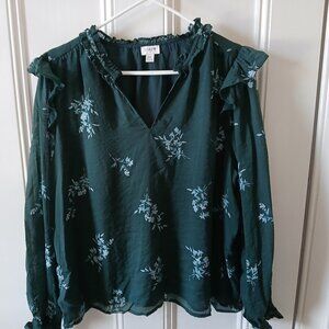 J Crew Factory forest green ruffle collar blouse floral pattern XL